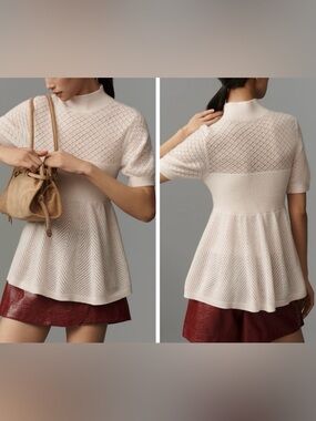 Anthropologie Cashmere Blend Pointelle Peplum Sweater, Size M